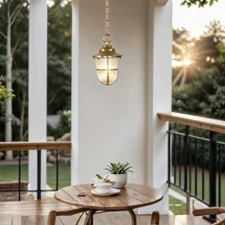 Außen Pendelleuchte Messing Riffelglas IP54 rostfrei