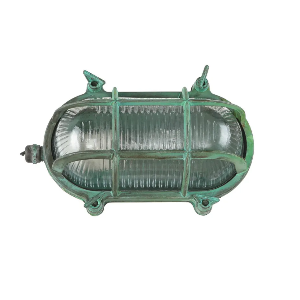 Außenlampe Wand Messing Glas IP64 E27 Maritim Grün antik