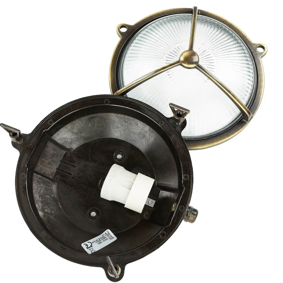 Außenwandlampe Glas Messing Haus rund rostfrei