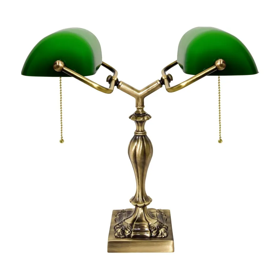 Bankerlampe 42,5 cm 2-flammig E27 Echt-Messing Zugschalter