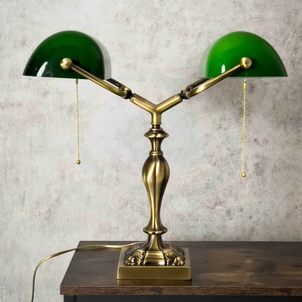 Bankerlampe 42,5 cm 2-flammig E27 Echt-Messing Zugschalter