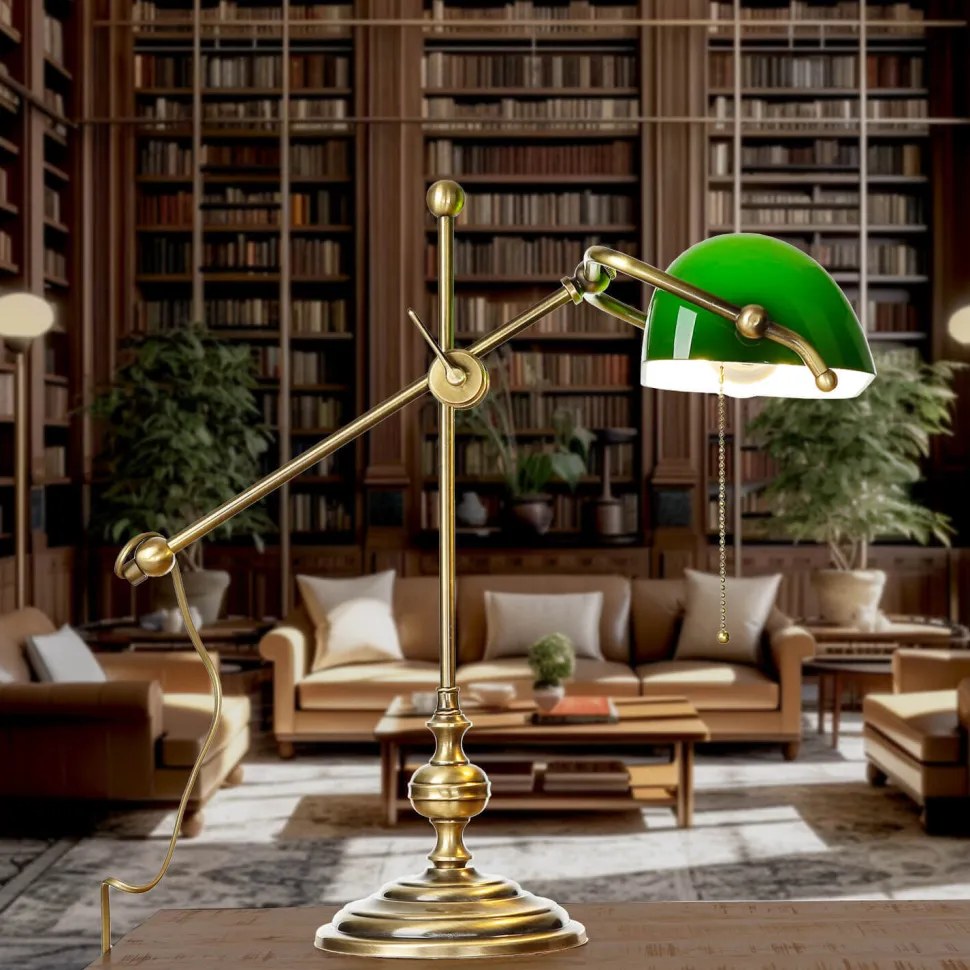 Bankerlampe Glas Messing massiv 47 cm