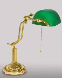 Bankerlampe Grün Echt-Messing mit Zugschalter