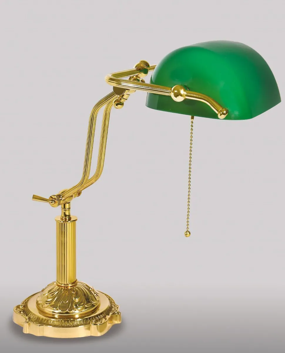 Bankerlampe Grün Echt-Messing mit Zugschalter