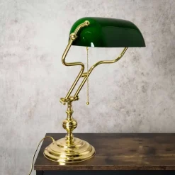 Bankerlampe Jugendstil 47 cm Messing Glas Zugschalter E27