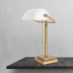 Bankerlampe Messing Glas 40 cm Zugschalter in Bronze Weiß