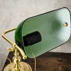 Bankerlampe Zugschalter 38 cm E27 Messing Glas Grün