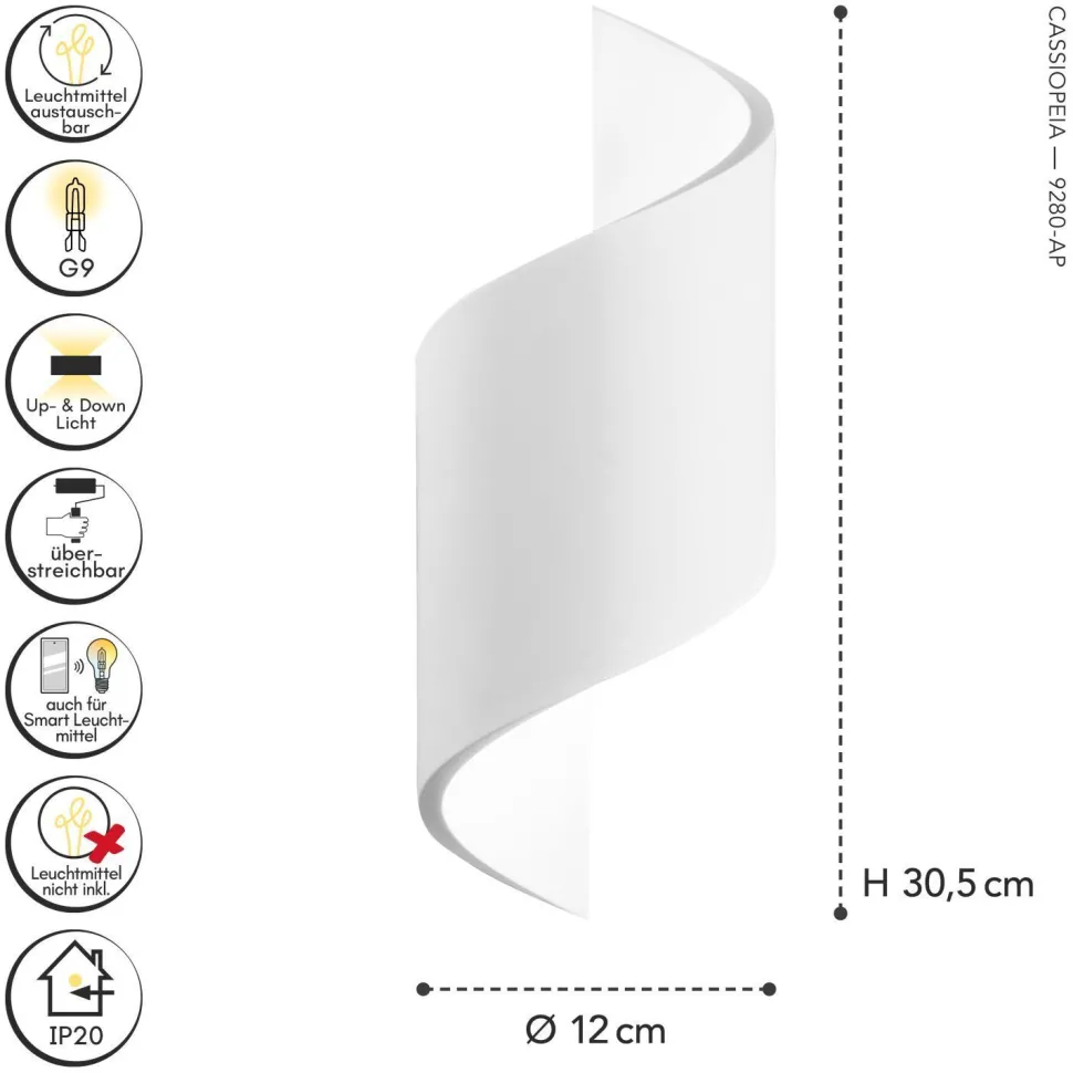Bemalbare Wandleuchte Gips Weiß H:30,5 cm G9 Modern
