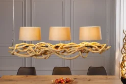 Blendarme Hängelampe 3-flammig Holz Leinen 165 cm lang