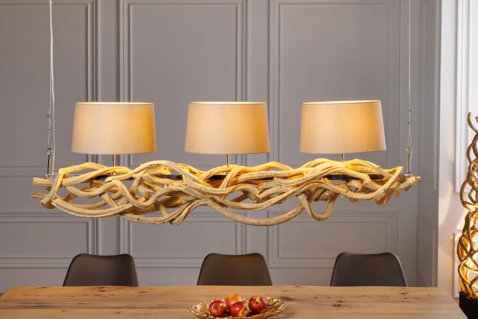 Blendarme Hängelampe 3-flammig Holz Leinen 165 cm lang