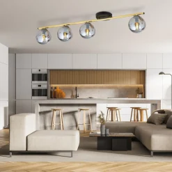 Deckenlampe 4-flammig 100 cm lang Kugelschirme Rauchglas