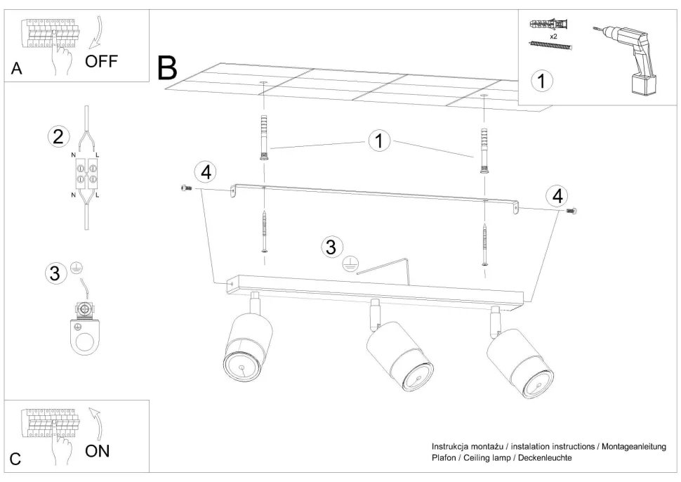 Deckenlampe 3-flammig 45 cm Schwarz Chrom schwenkbar