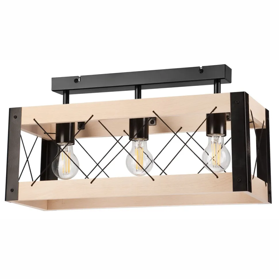 Deckenlampe Holz Metall Rustikal 3-flammig E27 Schwarz Natur