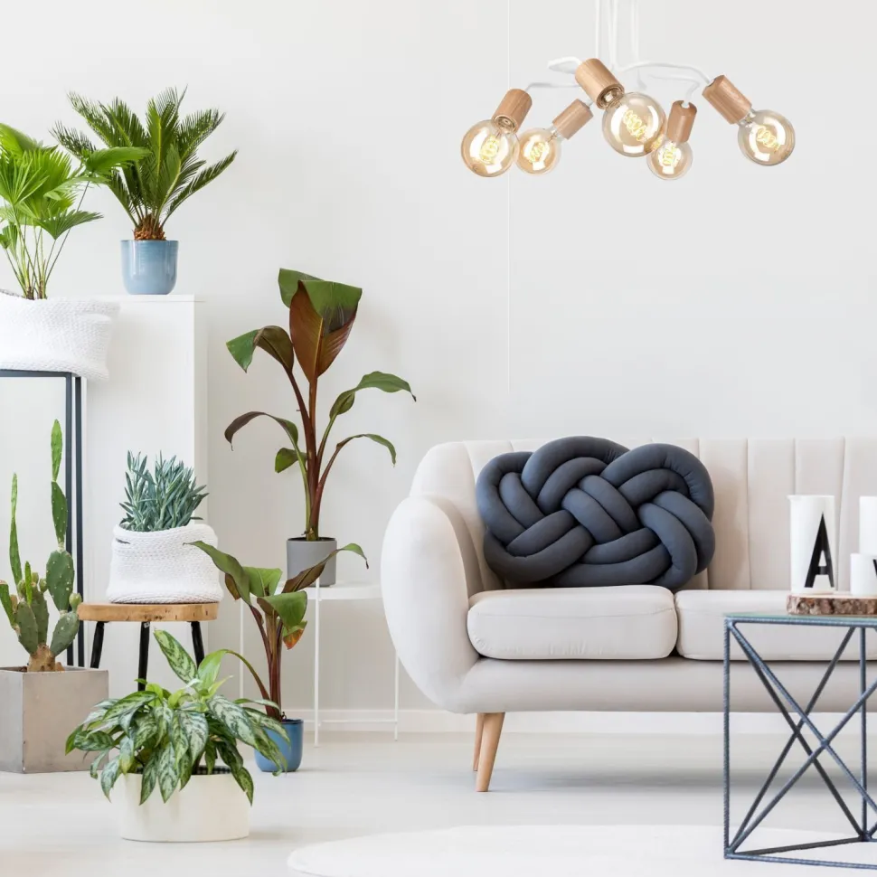 Deckenlampe Metall Holz Weiß 5-flammig E27 B: 44 cm Retro