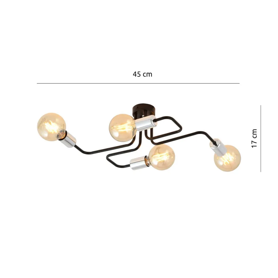 Deckenlampe Retro flach 4-flammig für E27 Schwarz Chrom