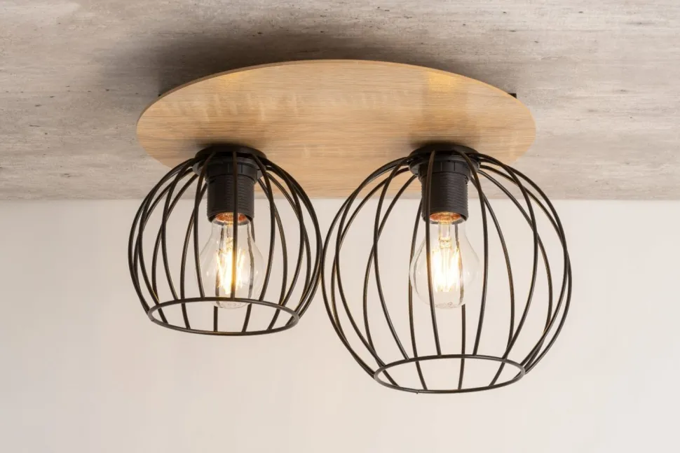 Deckenlampe Schwarz Natur E27 Metall Holz Wohnzimmer