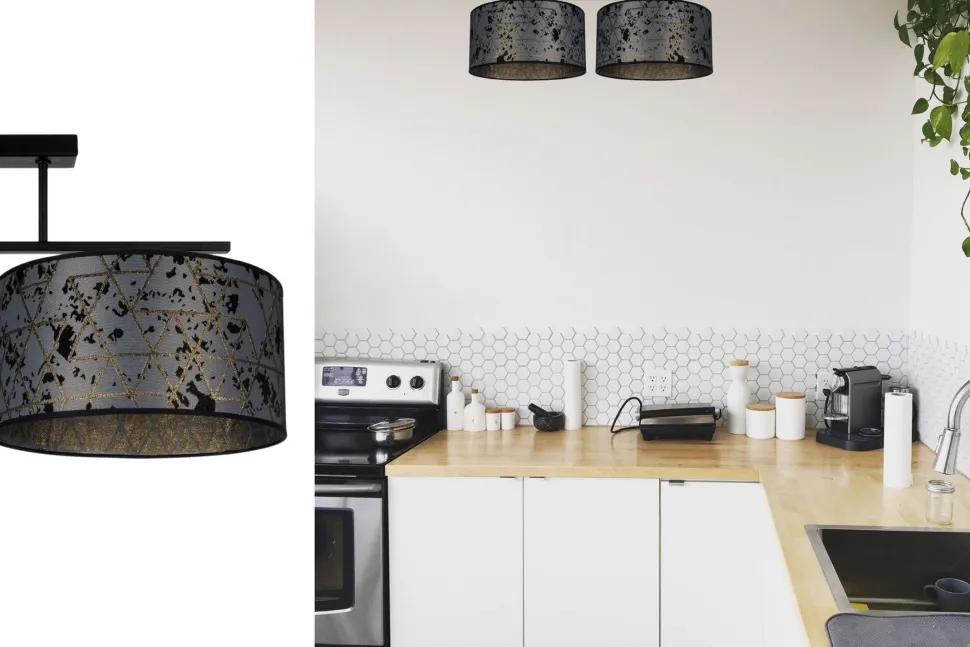 Deckenlampe Stoff blendarm Schwarz Grau Muster 70 cm