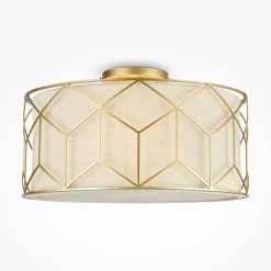 Deckenlampe Stoff Metall E27 D: 43 cm in Gold Natur