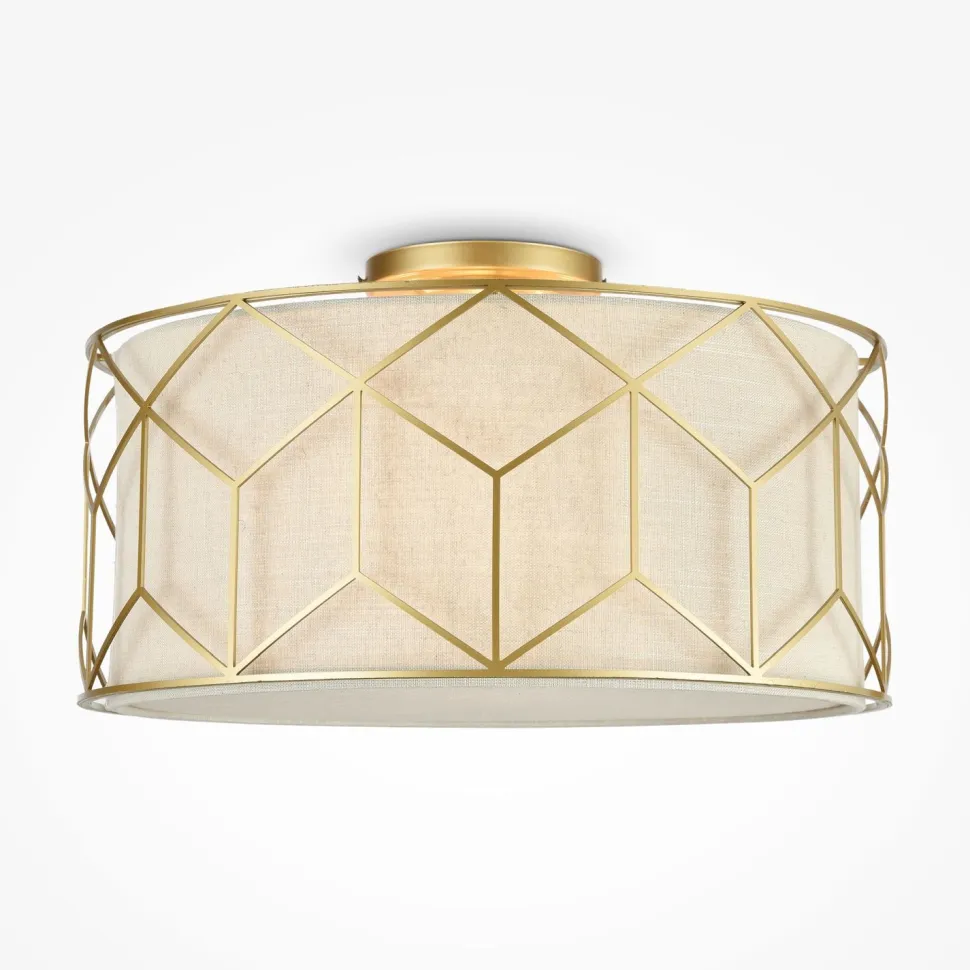 Deckenlampe Stoff Metall E27 D: 43 cm in Gold Natur