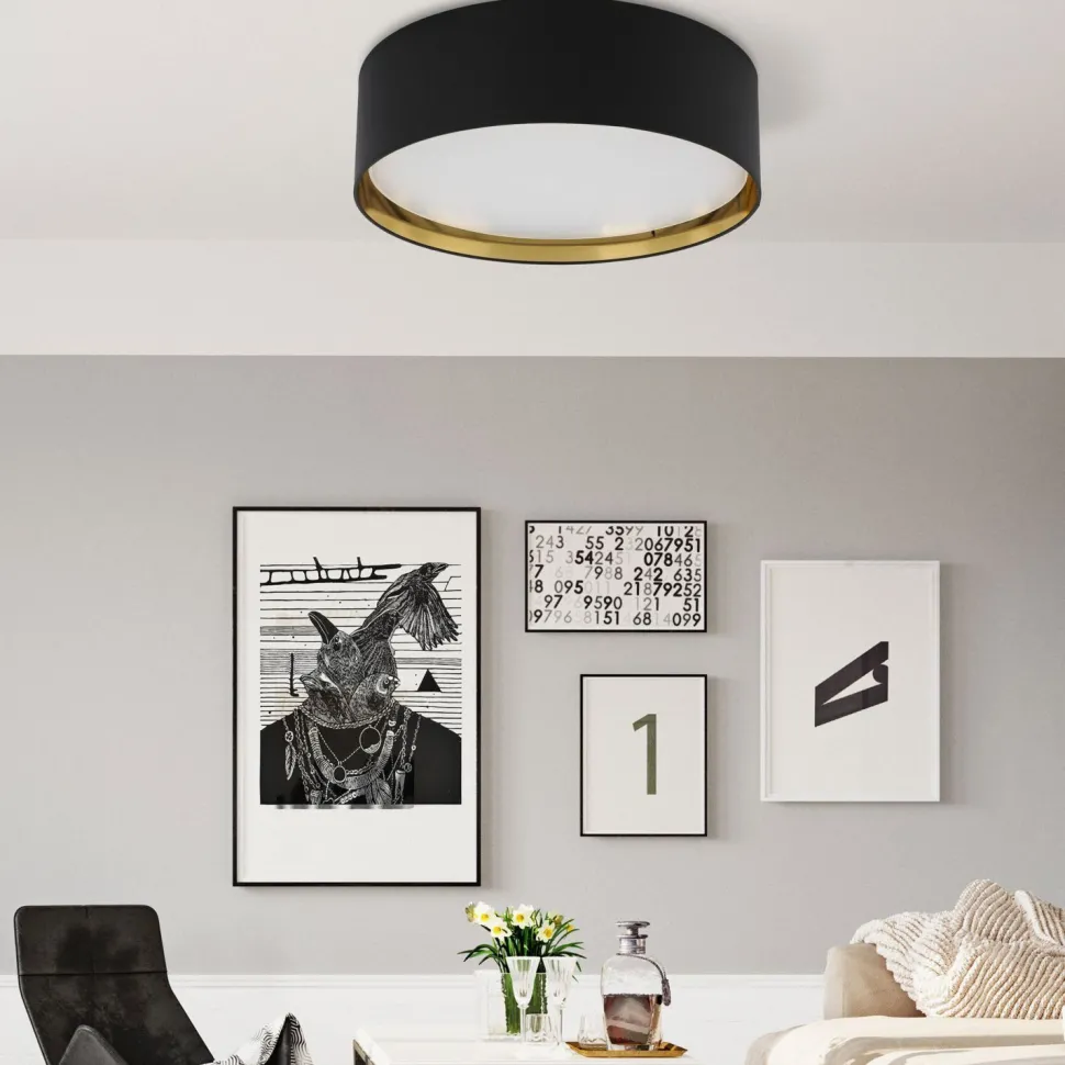 Deckenlampe Stoffschirm Schwarz Gold rund Ø 60 cm groß