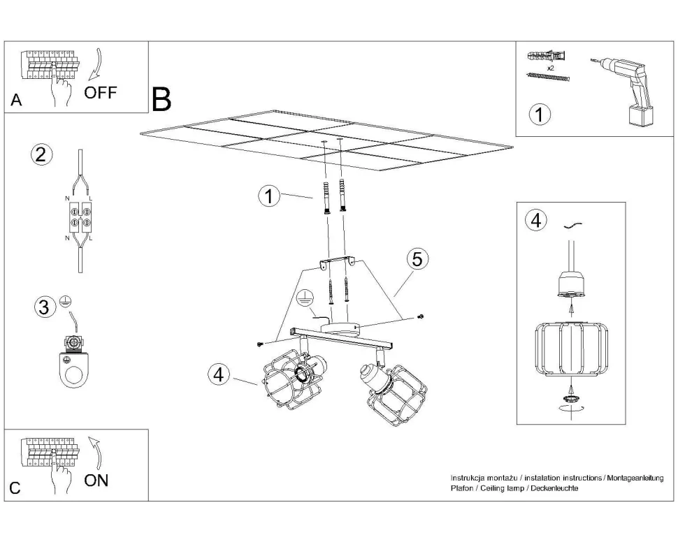 Deckenlampe Weiß Metall 2-flammig B: 27 cm Retro