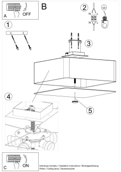 Deckenlampe Weiß quadratisch B: 45 cm Stoff Glas 5x E27