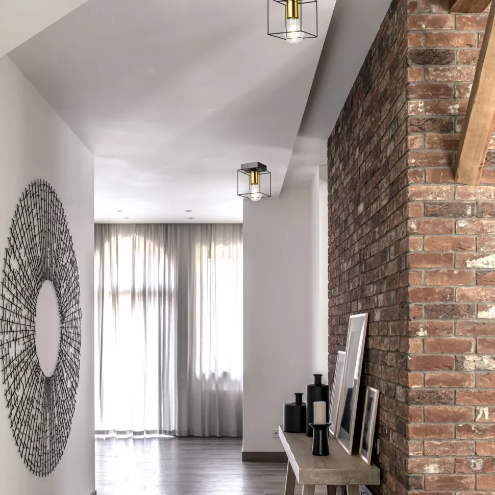 Deckenleuchte eckig klein E27 Draht Metall Würfel Schwarz Gold