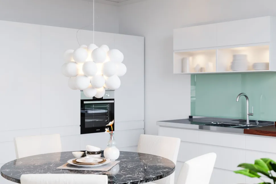 Deckenleuchte Glas Schirme B: 50 cm 8x G9 Modern Weiß Chrom