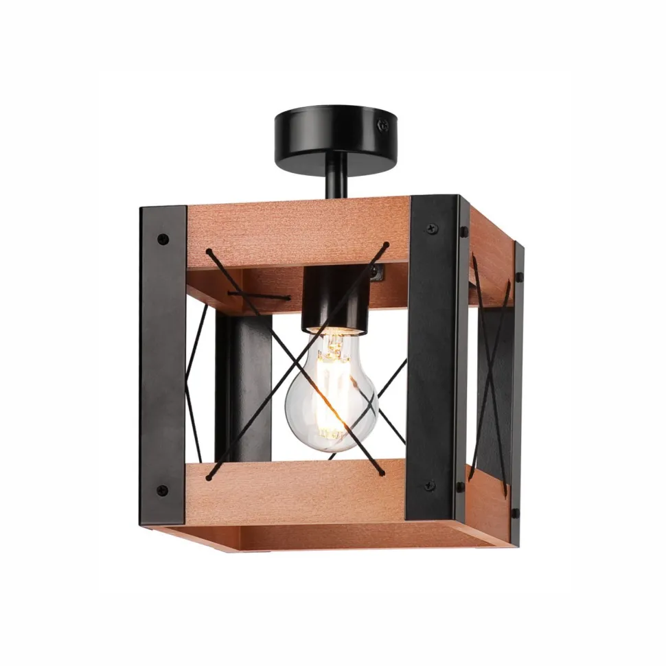 Deckenleuchte Holz Metall Rustikal Schwarz eckig klein E27