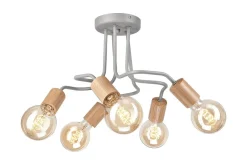 Deckenleuchte Metall Holz L: 44 cm 5-flammig E27 Grau Retro