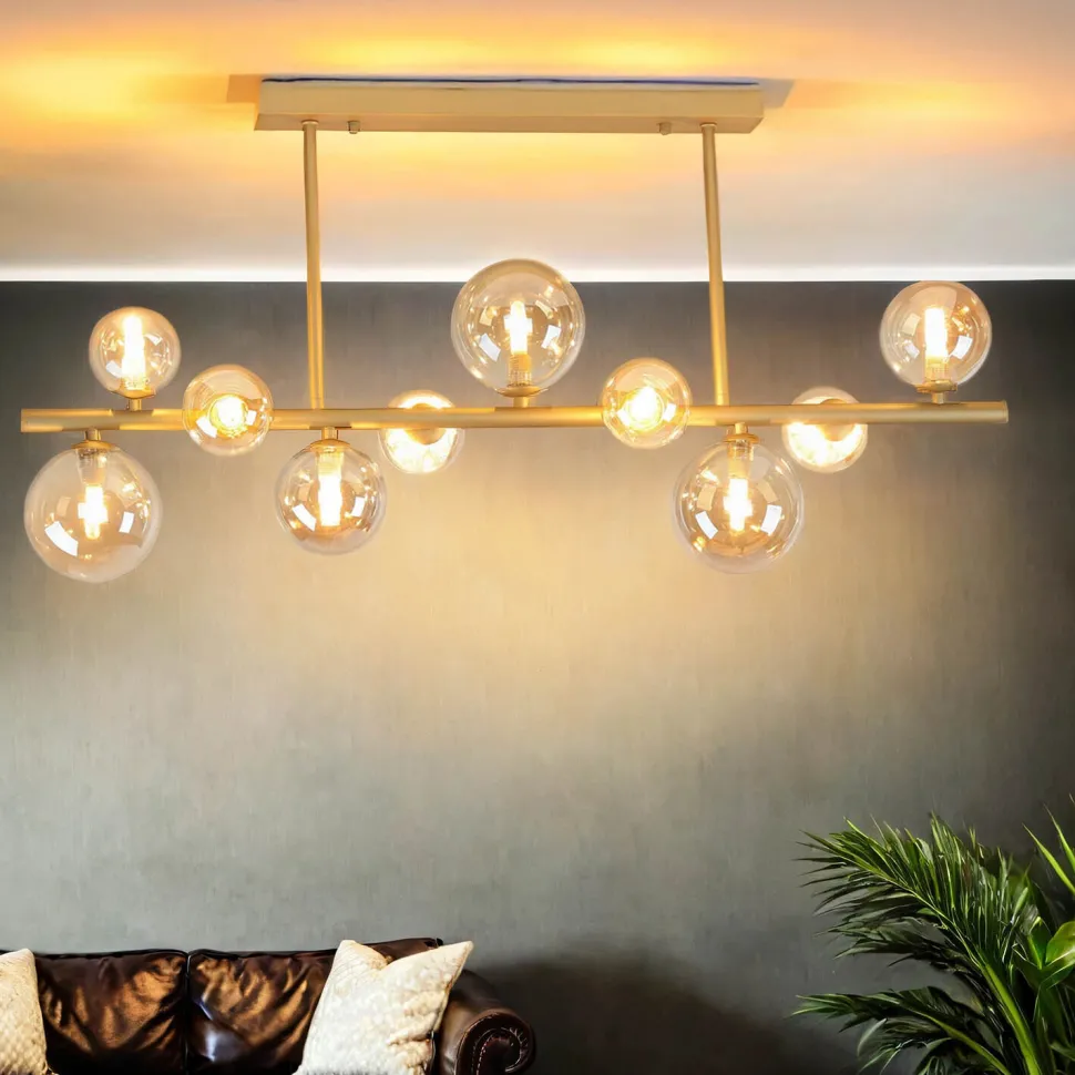 Deckenleuchte Rauchglas Metall 87 cm lang Creme Gold 10x G9