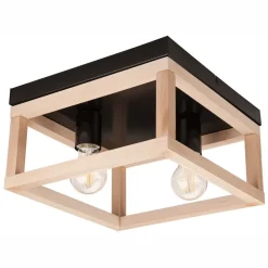 Deckenleuchte Schwarz Natur 2x E27 B: 30 cm eckig Holz Metall