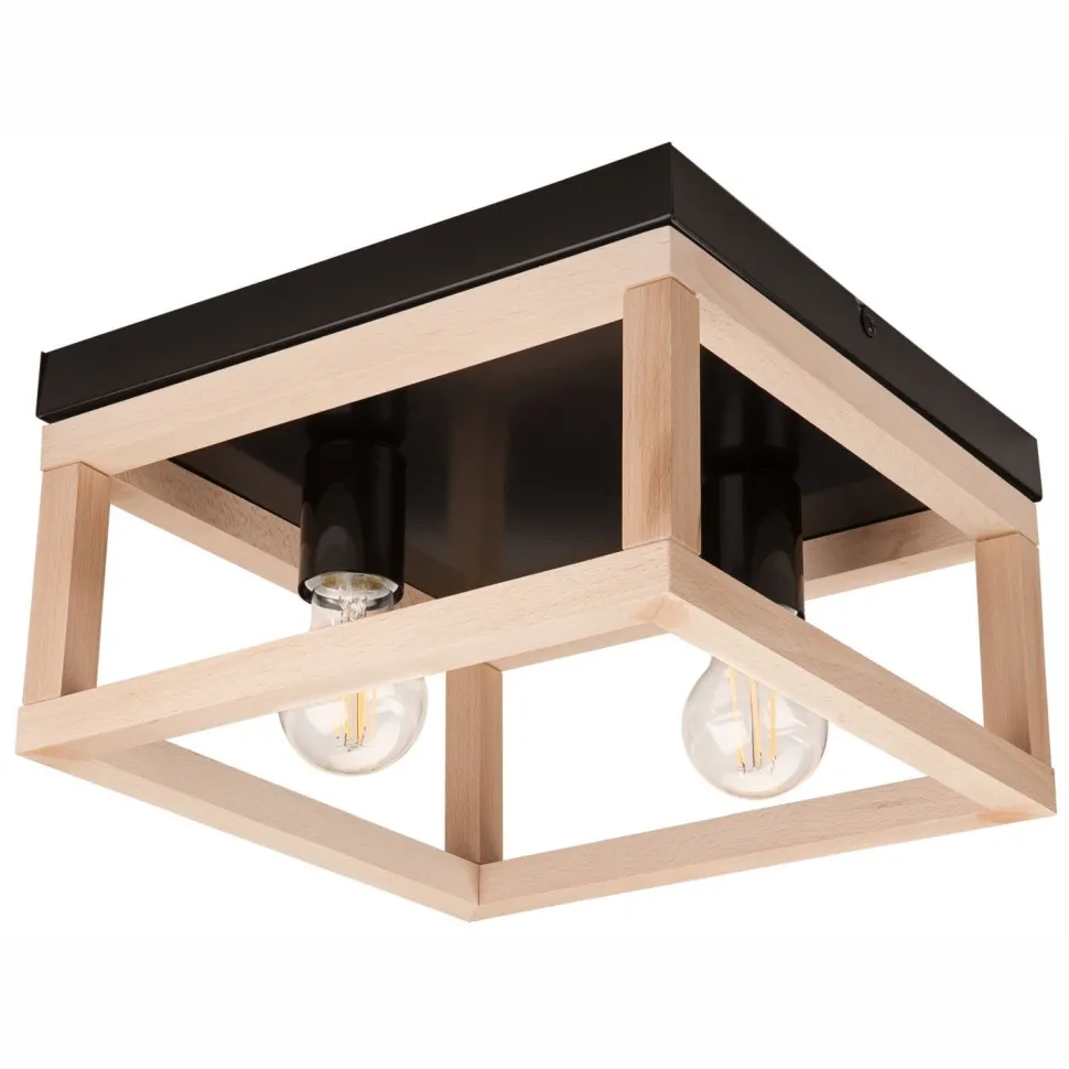 Deckenleuchte Schwarz Natur 2x E27 B: 30 cm eckig Holz Metall