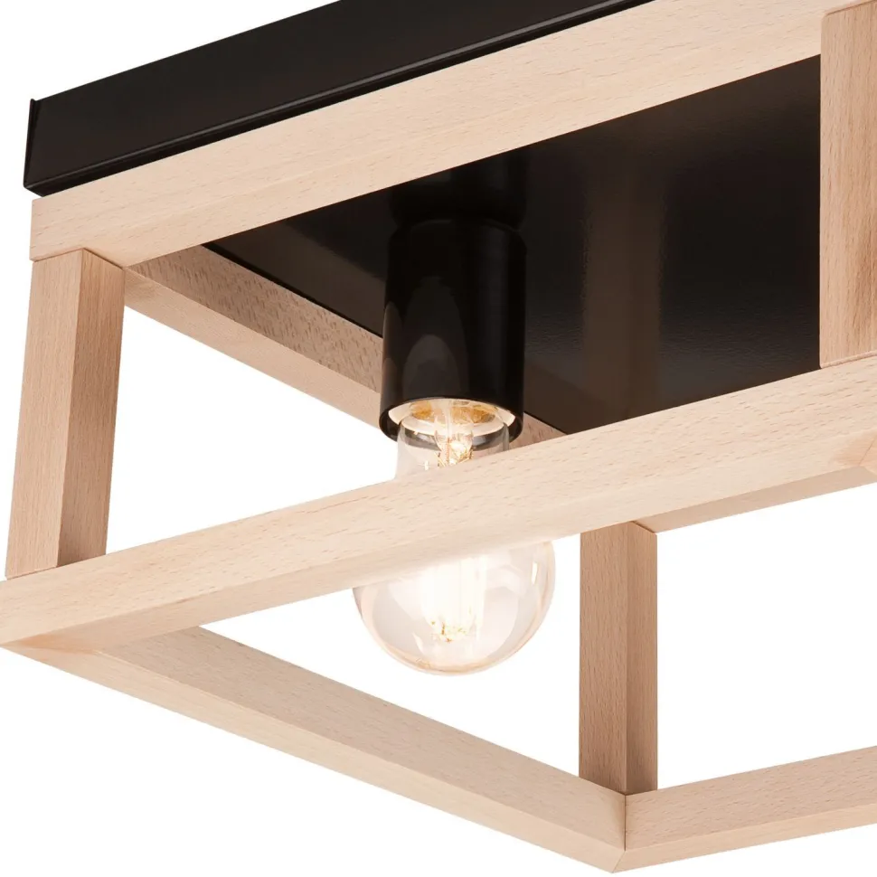 Deckenleuchte Schwarz Natur 2x E27 B: 30 cm eckig Holz Metall