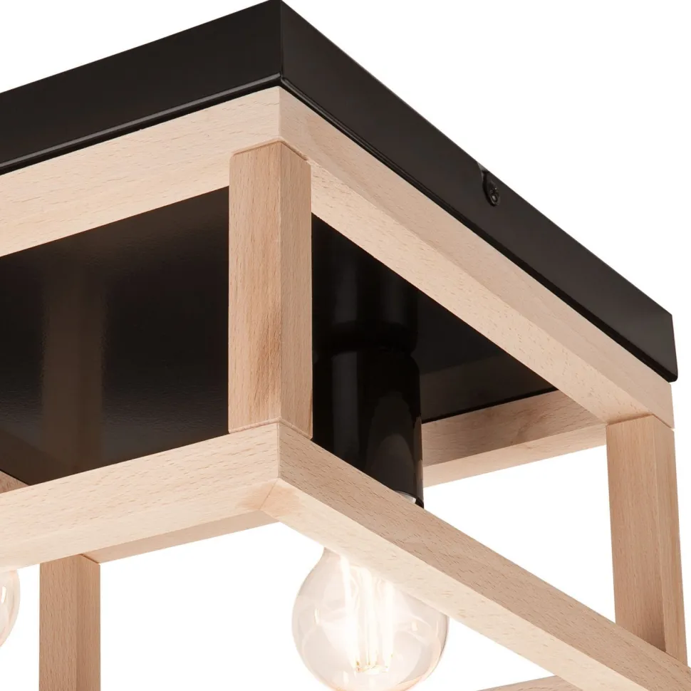 Deckenleuchte Schwarz Natur 2x E27 B: 30 cm eckig Holz Metall