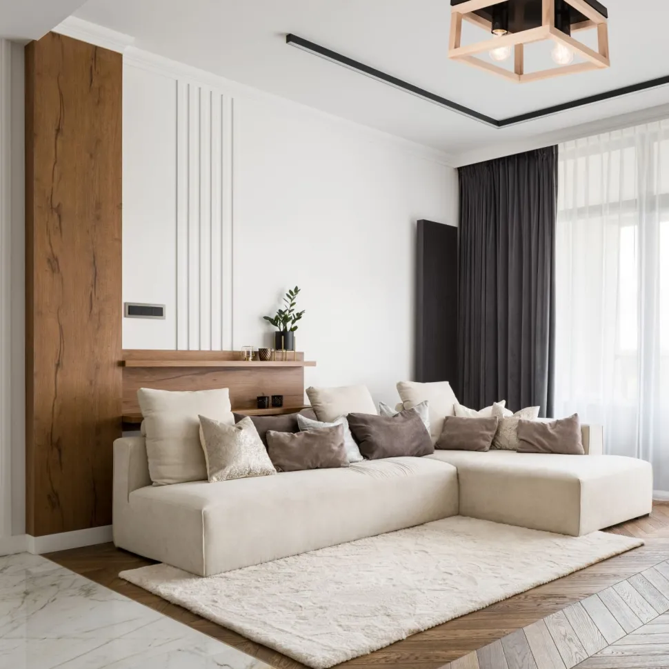 Deckenleuchte Schwarz Natur 2x E27 B: 30 cm eckig Holz Metall