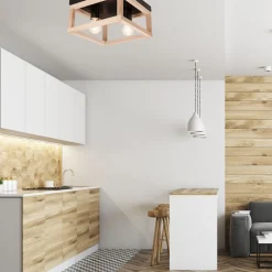 Deckenleuchte Schwarz Natur 2x E27 B: 30 cm eckig Holz Metall