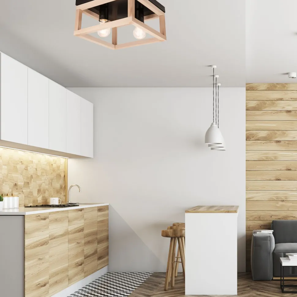 Deckenleuchte Schwarz Natur 2x E27 B: 30 cm eckig Holz Metall