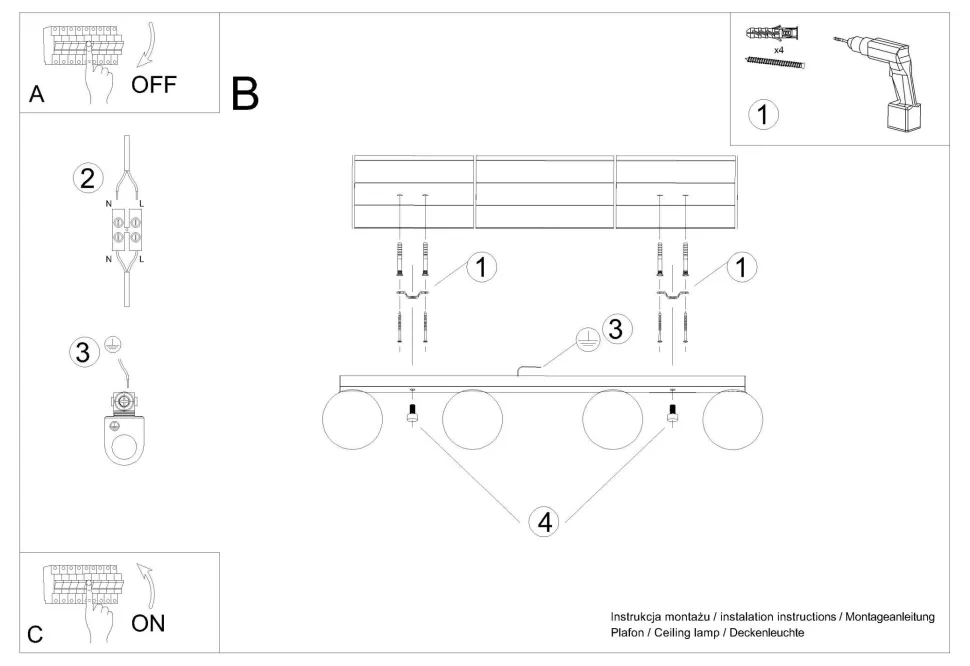 Deckenleuchte Weiß 88 cm lang Glas Metall 4-flammig G9