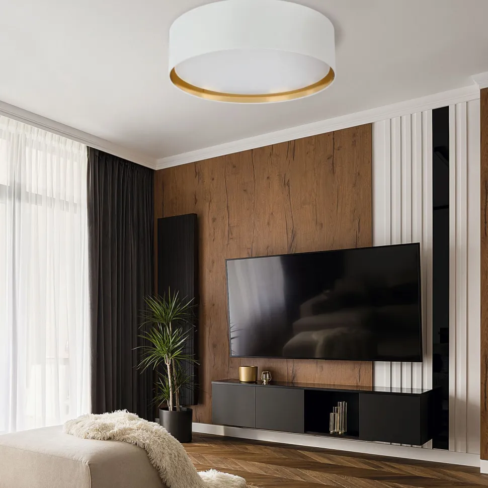 Deckenleuchte Weiß Gold rund Ø 60 cm wohnlich Stoff