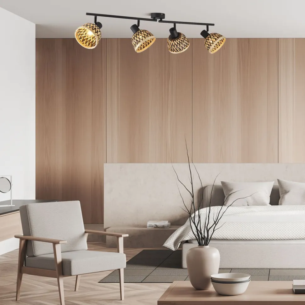 Deckenspot Schwarz Natur B: 94 cm 4x E14 Holz Metall