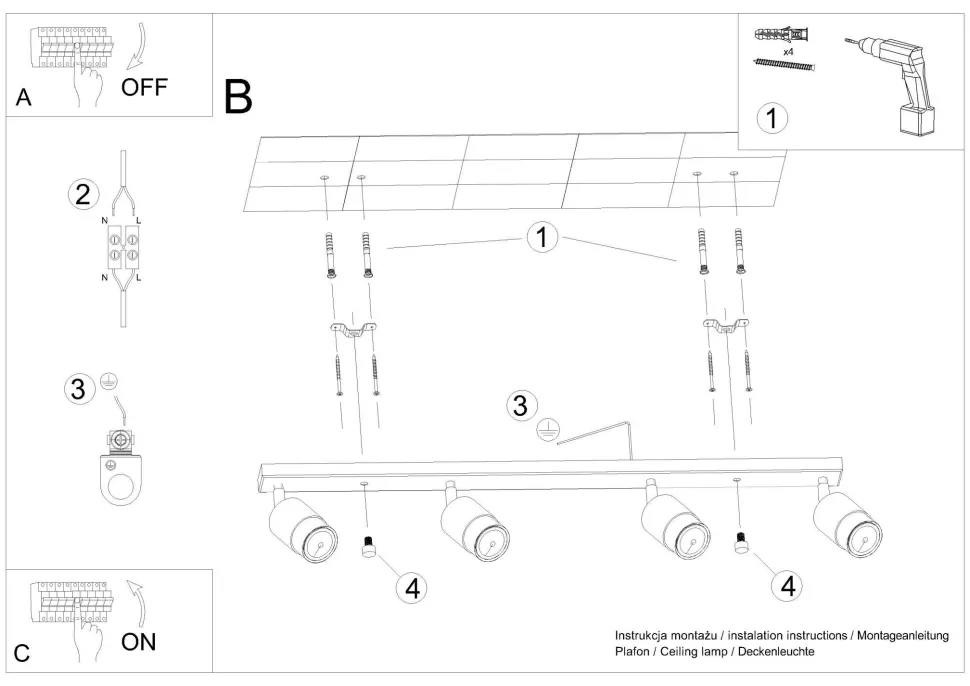 Deckenstrahöer Schwarz Chrom 81 cm lang schmal 4-flammig