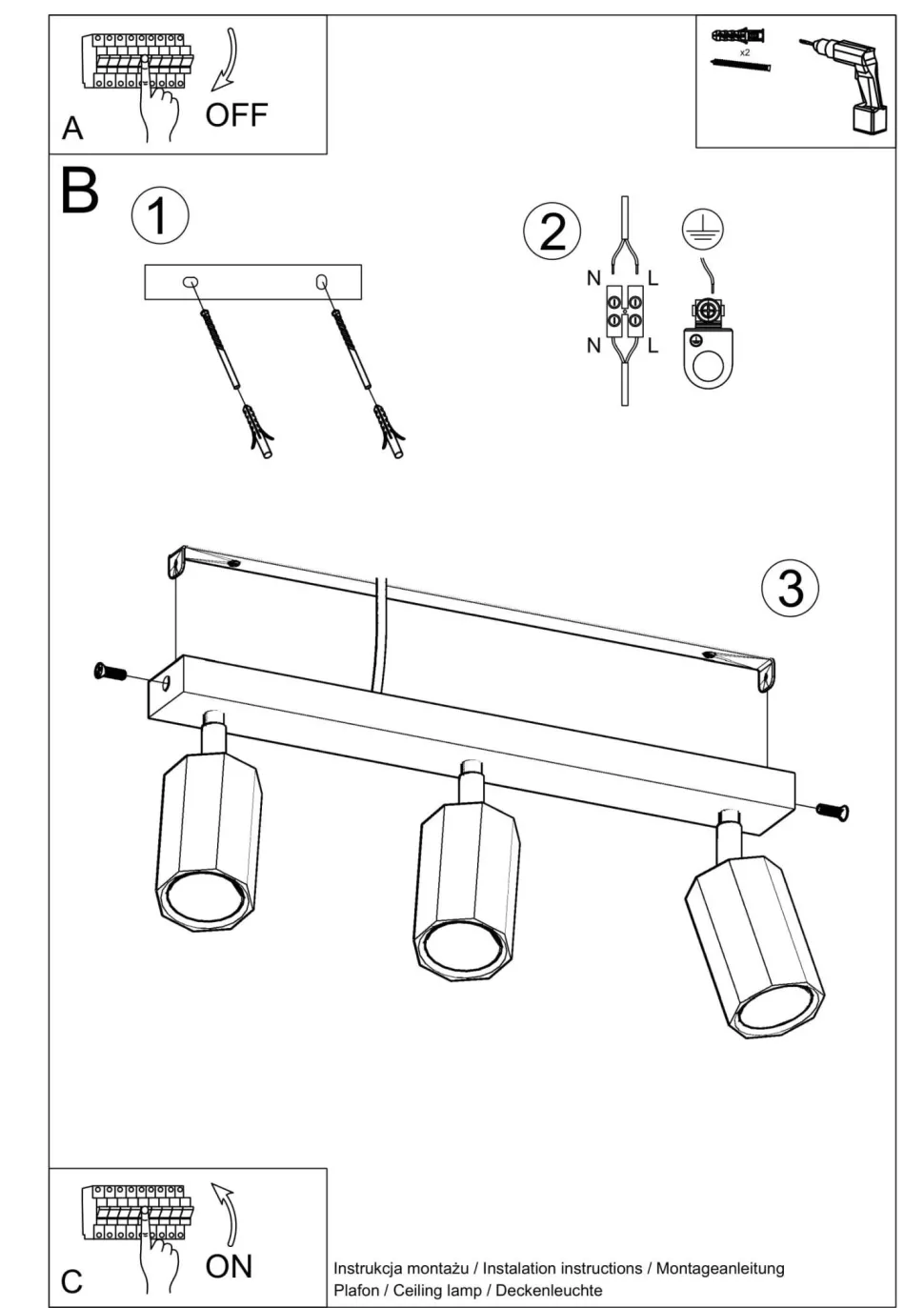 Deckenstrahler 3-flammig GU10 schwenkbar B: 45 cm Holz