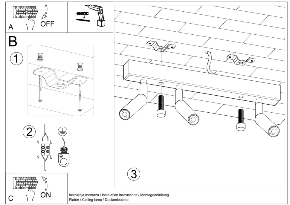 Deckenstrahler Metall 35 cm Weiß verstellbar 3-flammig