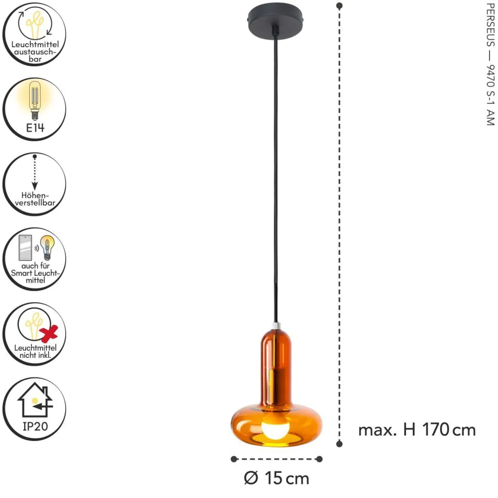 Dekorative Hängelampe Glas in Bernstein E14 Ø B:15 cm