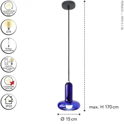 Dekorative Hängelampe Glas Blau E14 B:15 cm Modern