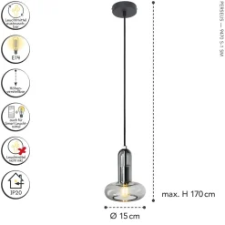 Dekorative Hängelampe Rauchglas E14 B:15 cm Modern