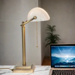 Designer Bankerleuchte in Bronze hell Weiß Echt-Messing