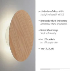 Dimmbare LED Akku Wandlampe Fernbedienung Eichenholz