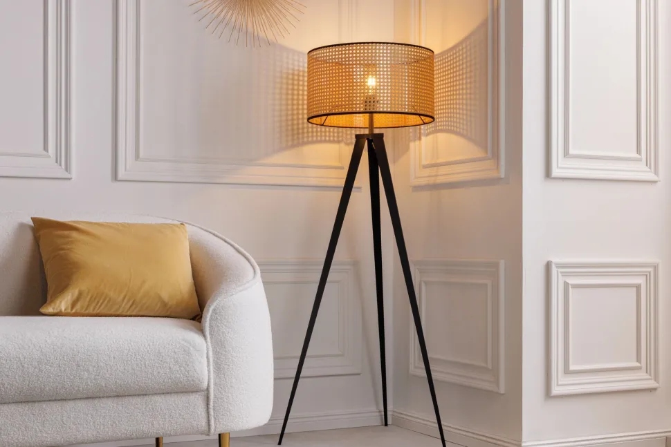 Dreibein Stehlampe Holz Kunststoff Wiener Geflecht E27